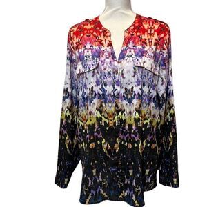 Calvin Klein Button Front Top Silky Abstract Artsy Black Blue Red Size Large